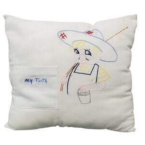 Vintage Hand Embroidered Tooth Fairy Pillow, 9" X 10" X 4", PRE-LOVED